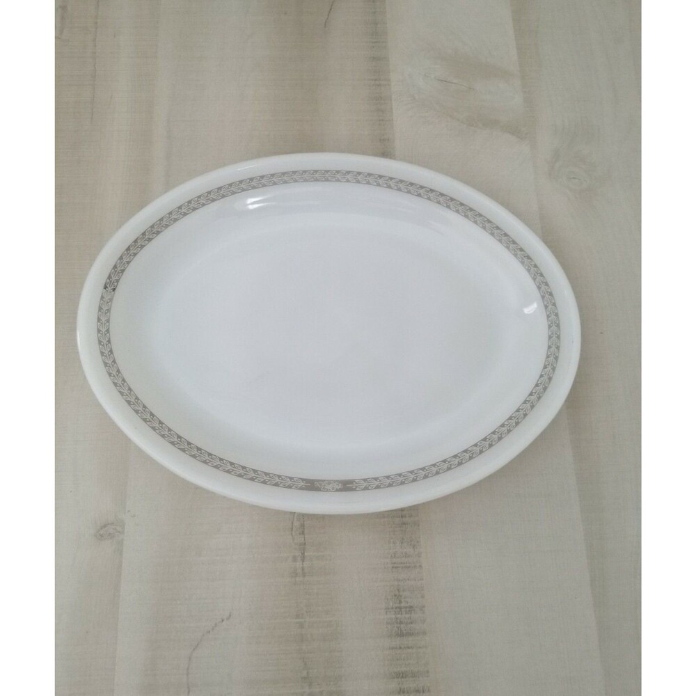 Vintage Termocrisa Mexican Milk Glass Oval plate Gray leave border 12.25"X9.25"